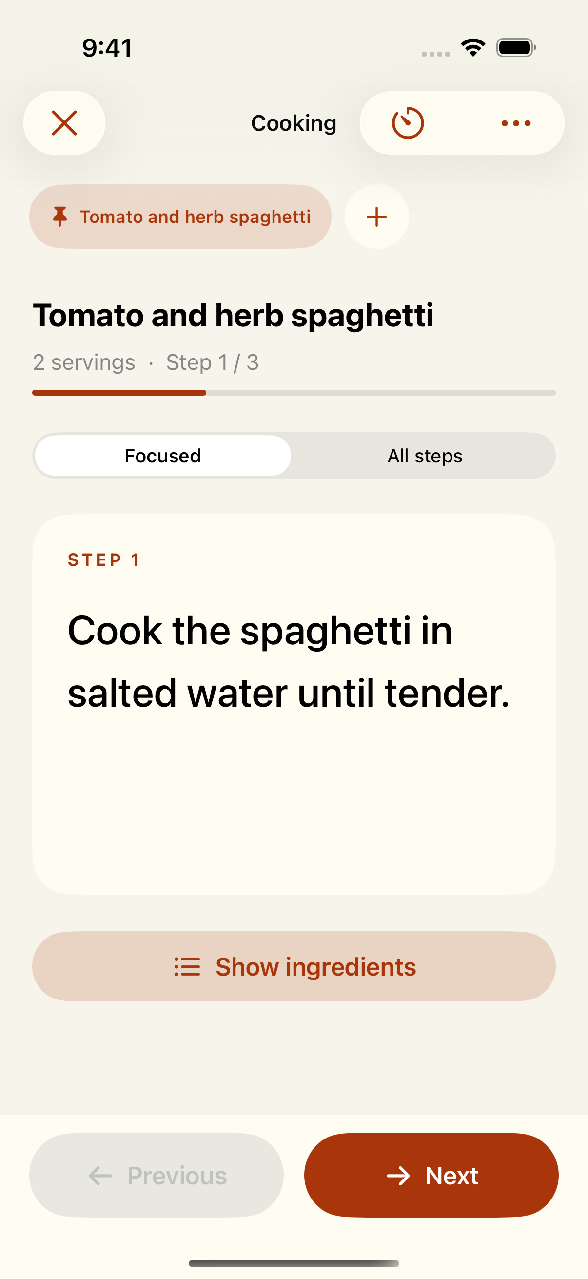 English focused cooking view for tomato and herb spaghetti, showing step one and the ingredients control.