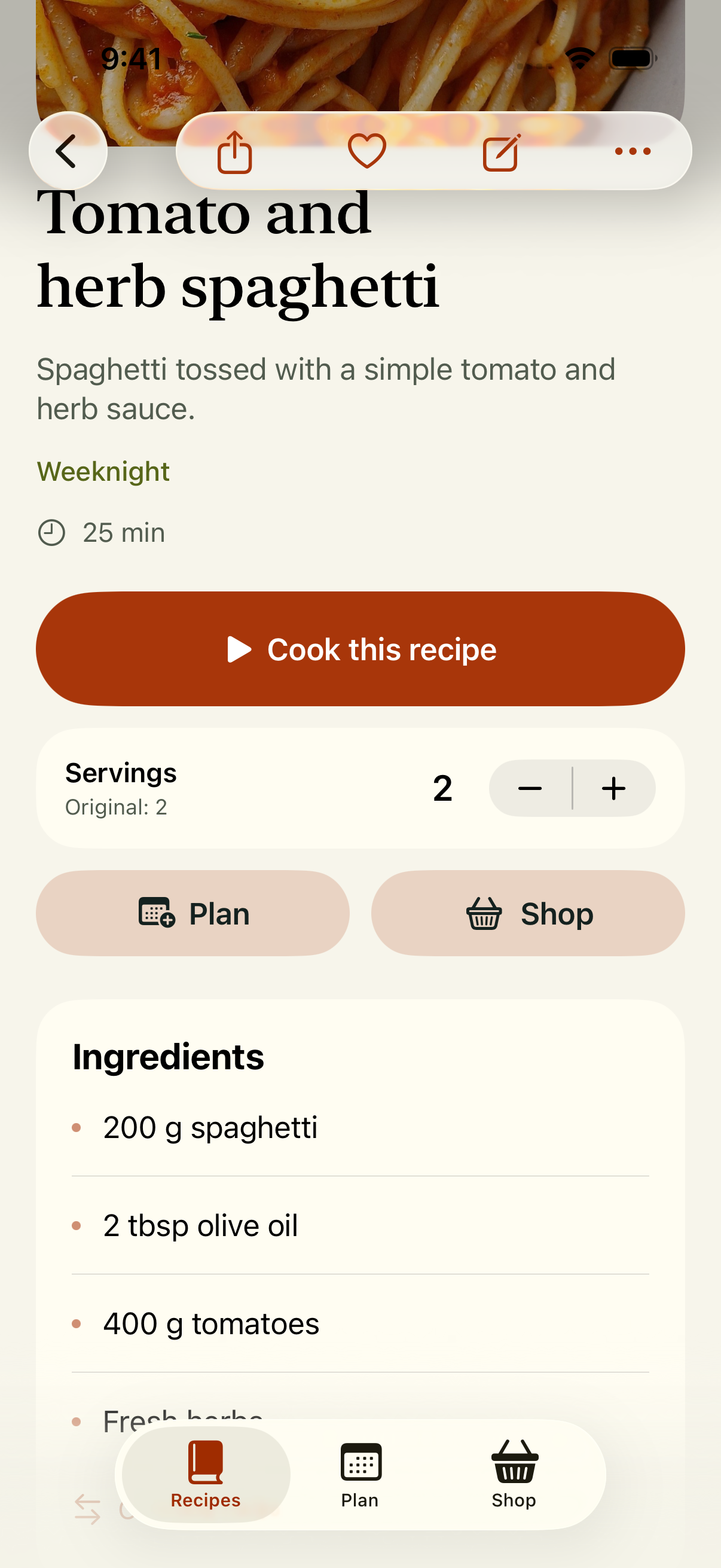 English scrolled tomato and herb spaghetti recipe with servings, ingredients, and Plan and Shop controls above the tab bar.