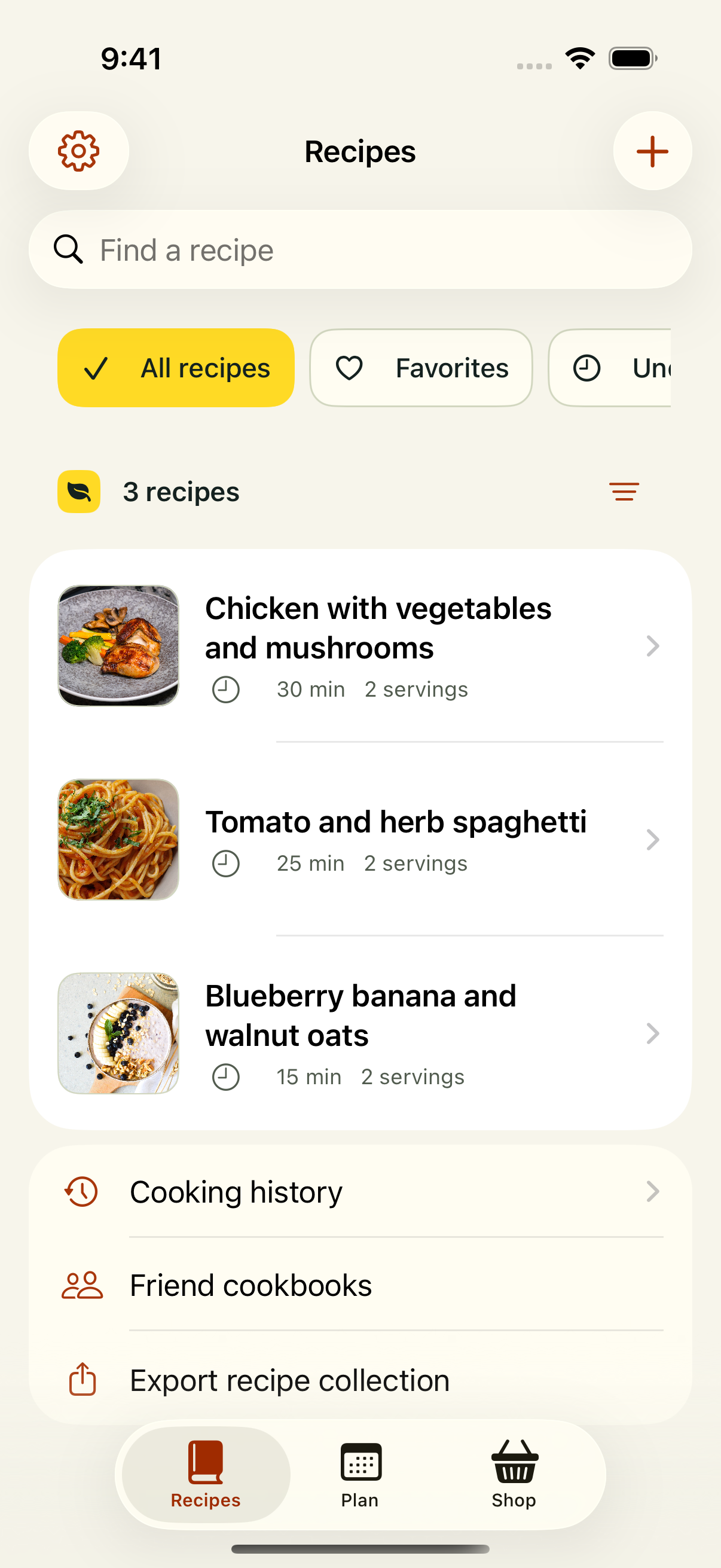 English recipe library with chicken, tomato spaghetti and blueberry banana oats.